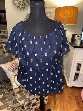 LOFT Navy Blue Off-Shoulder Printed Peplum Top